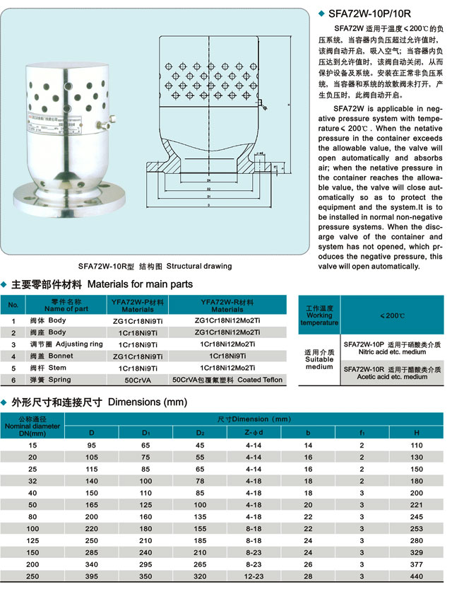 真空负压安全阀,YFA72W真空负压安全阀参数尺寸结构图