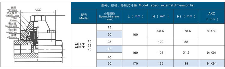 可调双金属片式疏水阀尺寸结构图