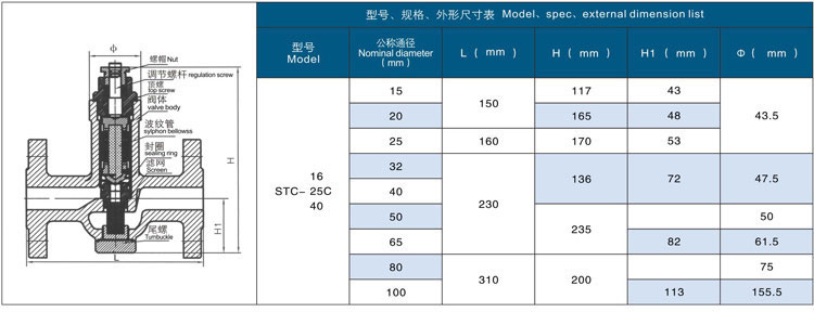 可调恒温式疏水阀参数尺寸结构图